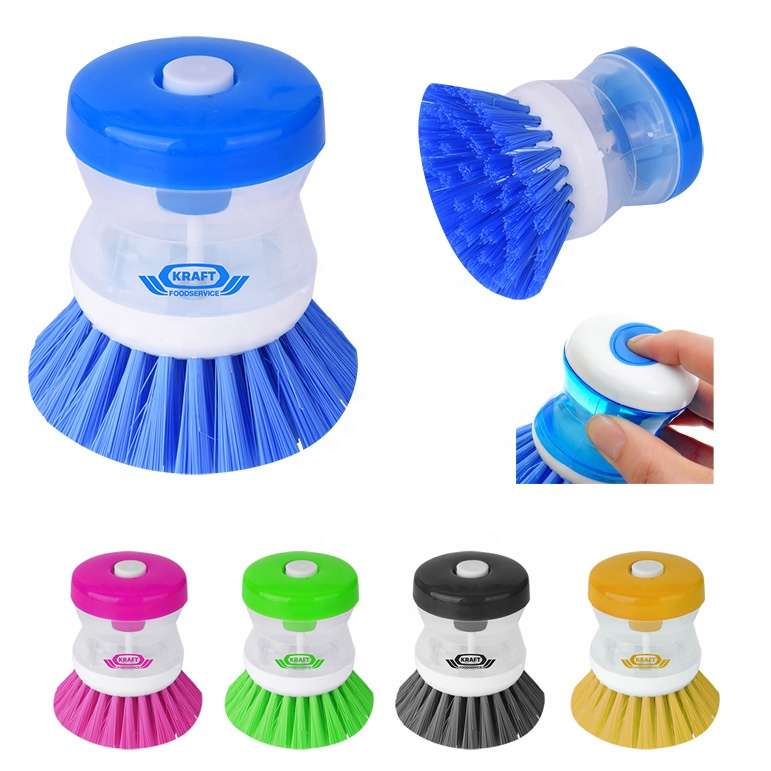 Portable 2 in 1 plastic impact kitchen dishes pots pans push top button release fill soap reservoir holder scrub cleaning brush